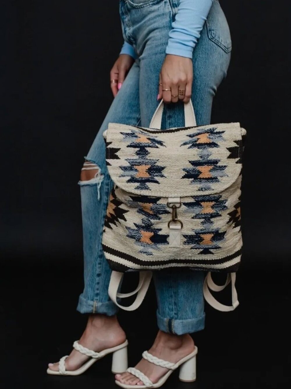 ($25) Woven Aztec Pattern Backpack in Cream, Navy & Mustard